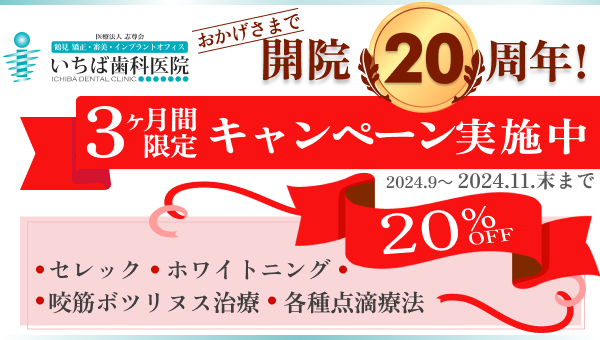 おかげさまで開業20周年 ～3ヶ月間限定キャンペーン実施中～ セレック・ホワイトニング・咬筋ボツリヌス治療・各種点滴療法 20％オフ 2024.9～2024.11.末まで